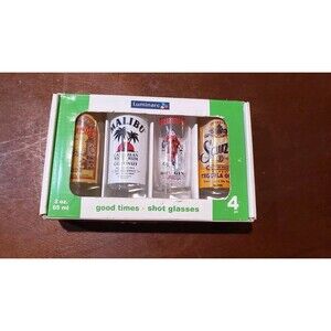 Luminarc set of 4 shot glasses (2 oz.) Malibu Beefeater Kahlua NEW